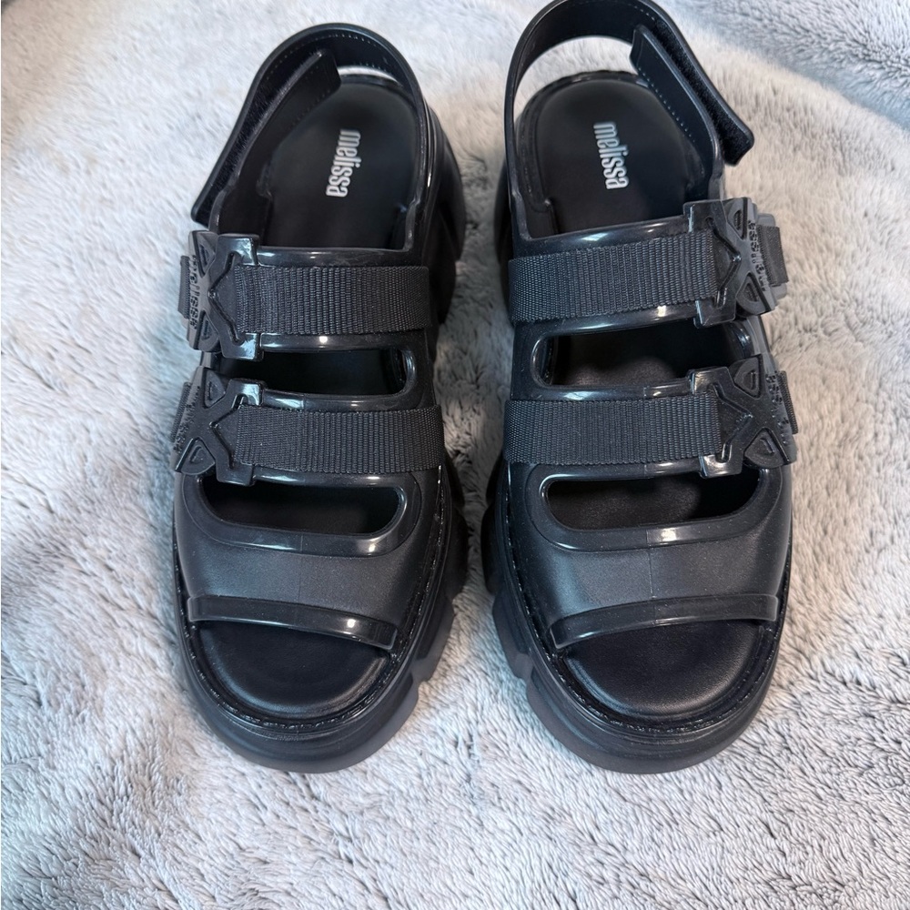 Melissa  Black Strappy Platform Sandals with Buckle Detail